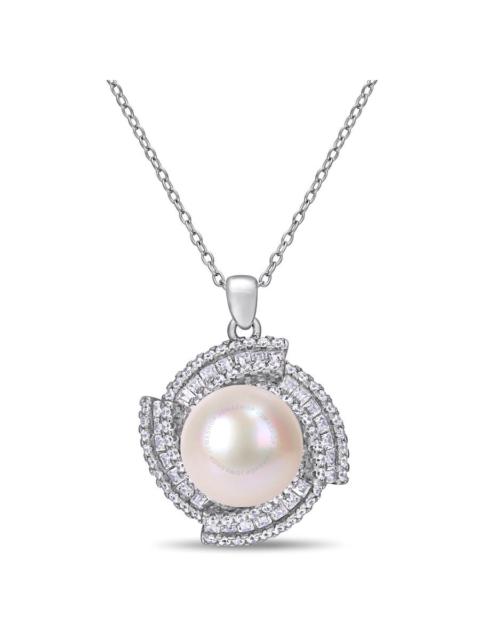 Other Designers AMOUR 12-12.5 Mm Cultured Freshwater Pearl and 1 5/8 CT TGW Cubic Zirconia Geometric Necklace In Ste