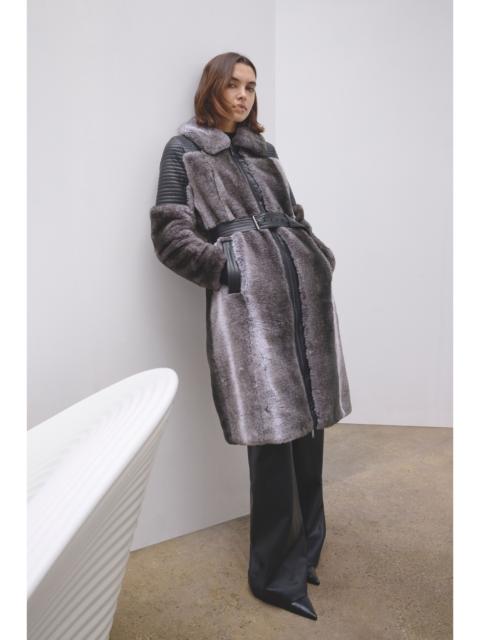 KAREN MILLEN Faux Fur & Faux Leather Panelled Biker Belted Long Coat