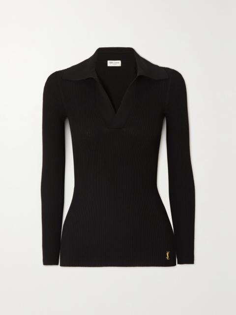 SAINT LAURENT Embellished Ribbed-knit Polo Sweater