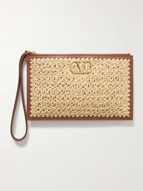 VLOGO leather-trimmed raffia clutch