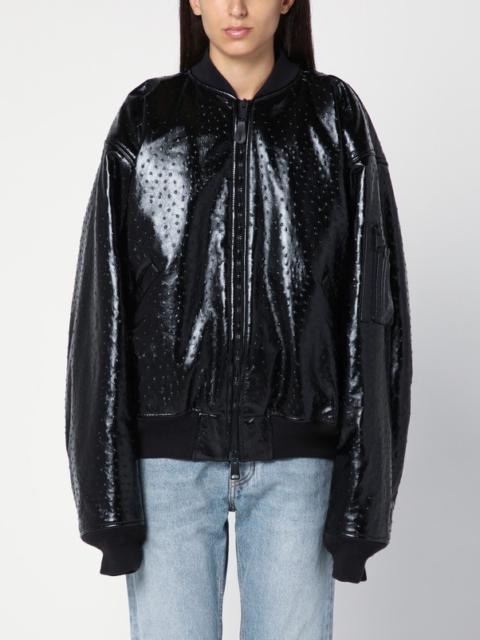 Black leather ostrich-effect bomber jacket