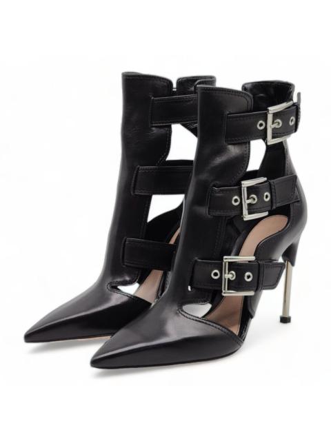 Alexander McQueen Cage Buckle Ankle Stiletto Heeled Booties Leather Black 37
