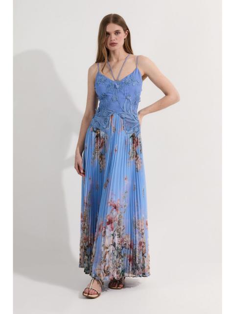 KAREN MILLEN Floral Applique Lace Pleated Strappy Maxi Dress