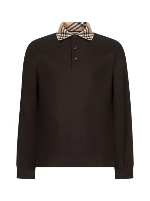 Burberry Brown pique Check collar long-sleeved polo shirt