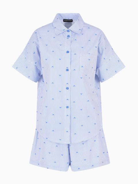 EMPORIO ARMANI PYJAMA SHIRT AND SHORTS WITH STRIPED MOTIF AND ALL-OVER EAGLE LOGO