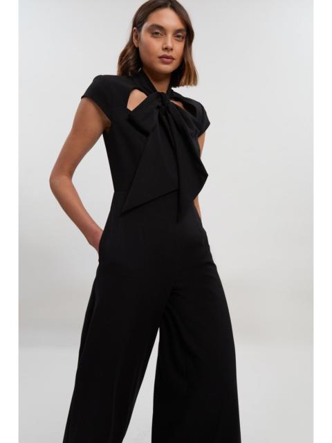 KAREN MILLEN Compact Stretch Bow Tie Neck Tailored Wide Leg Jumpsuit