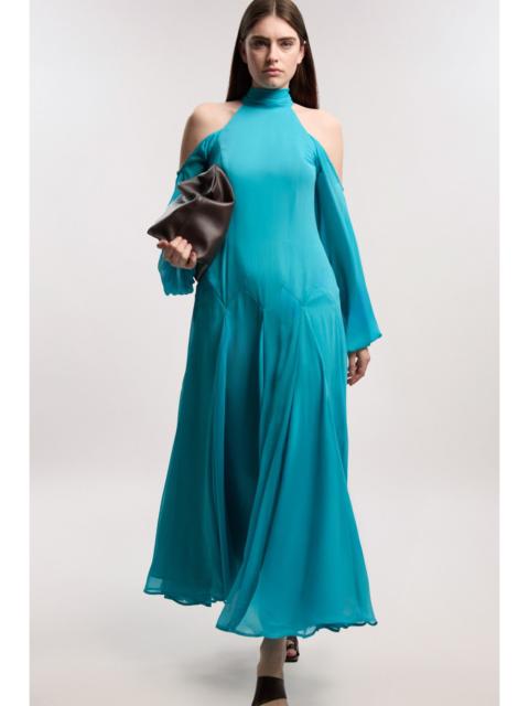 KAREN MILLEN Crinkle Georgette High Neck Cold Shoulder Woven Maxi Dress