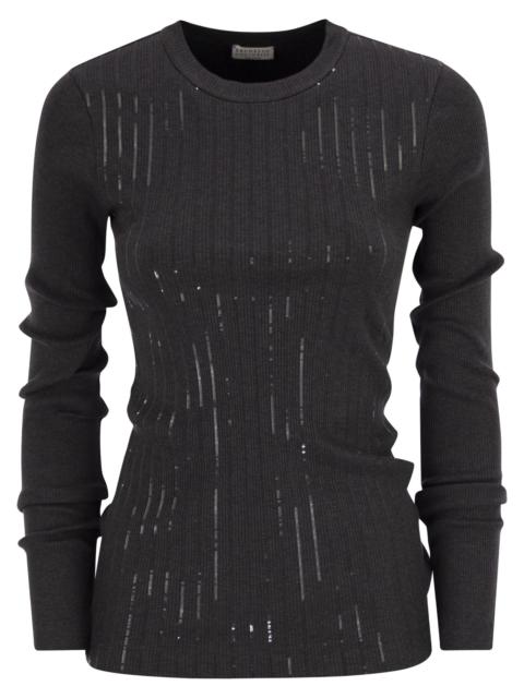 Brunello Cucinelli Brunello Cucinelli Women Cotton Jersey T-Shirt With Dazzling Chalk Stripe Embroidery