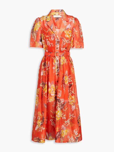 Zimmermann Belted floral-print linen and silk-blend gauze midi shirt dress