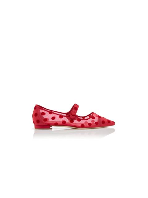 Manolo Blahnik Red Mesh Polka Dot Mary Jane Flat Pumps