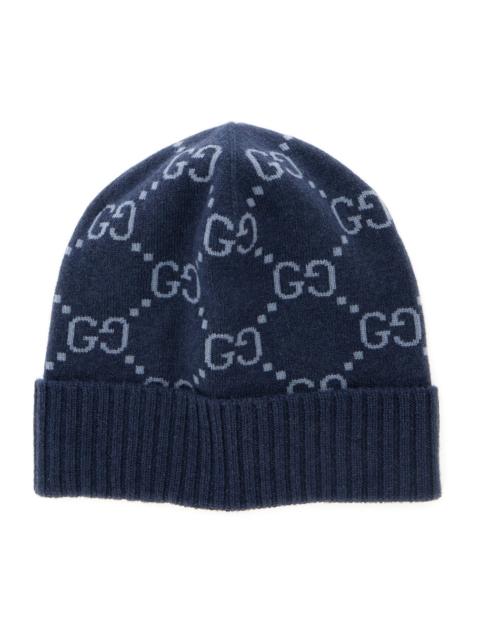 GUCCI Gucci Men Blue Beanie With All-Over Gg Motif In Cashmere Woman