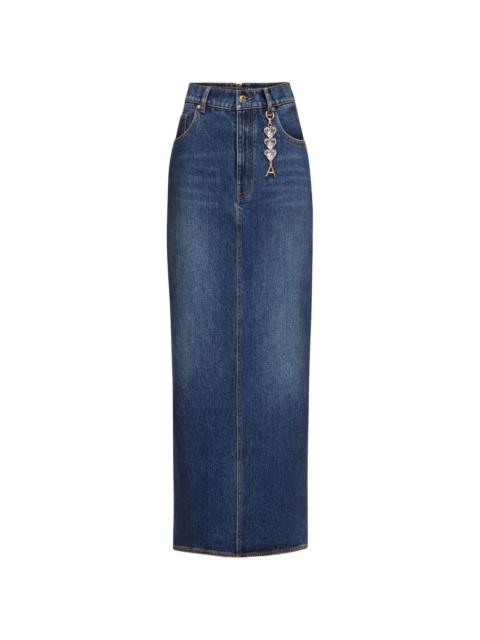AREA logo-charm denim midi skirt