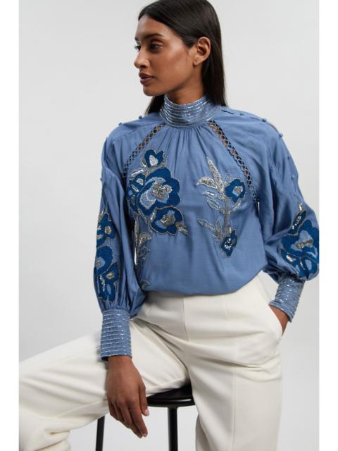KAREN MILLEN Balloon Sleeve Embroidered And Beaded Woven Blouse