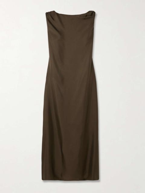 Moun knotted draped silk-twill midi dress Taupe