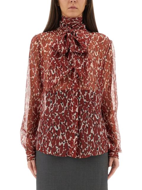 SAINT LAURENT PRINTED SILK SHIRT WITH LAVALLIERE COLLAR