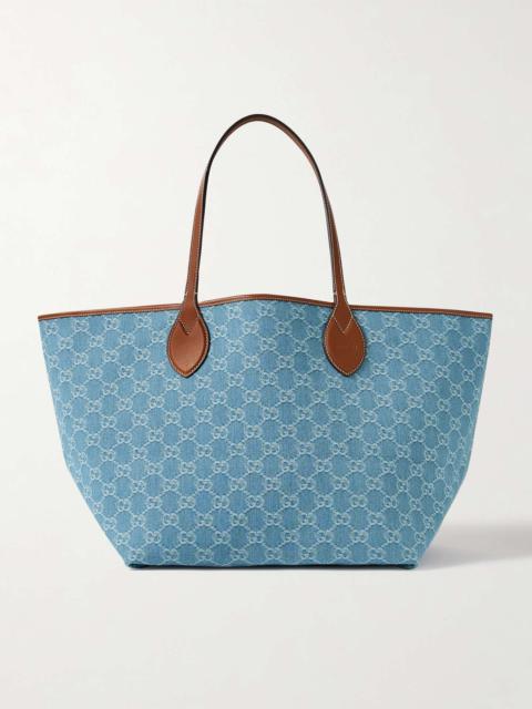 Totissima leather-trimmed denim-jacquard tote Blue