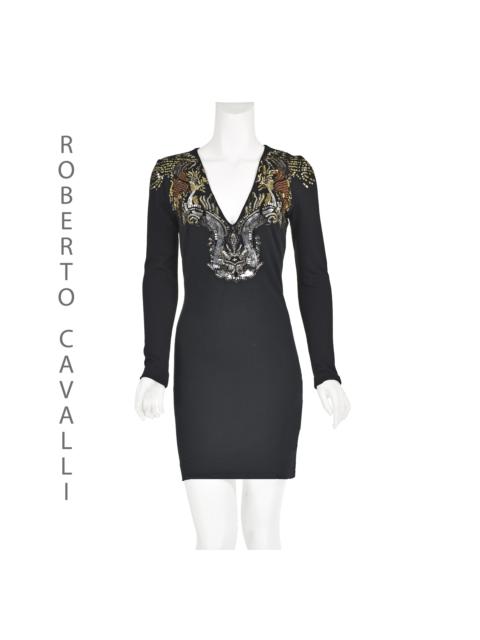 Roberto Cavalli Black Knit Mini Dress w/ Sequined V-Neck