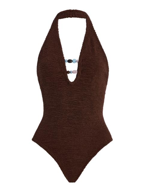 Hunza G Adriana Beaded One-Piece Swimsuit brown
