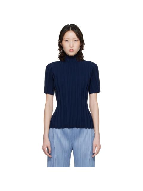 Pleats Please Issey Miyake Navy Rib Knit Turtleneck