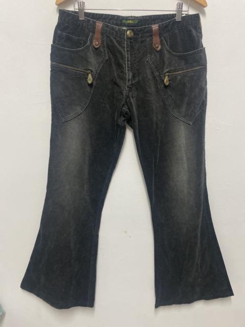 Obelisk Japan Corduroy Flare Pants Distressed Brown Leather Floral Back Pocket