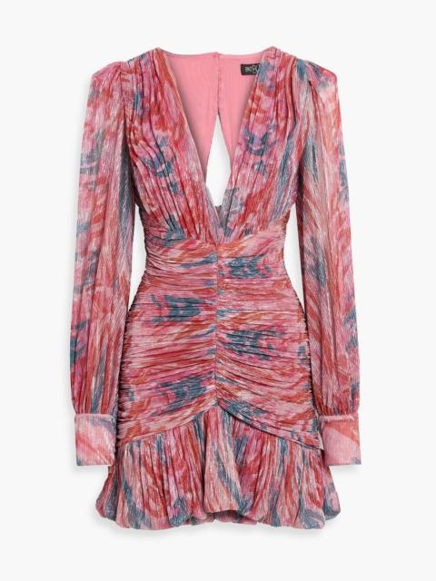 PatBO Twist ruched metallic printed mesh mini dress
