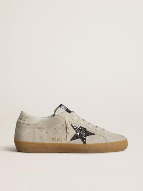Golden Goose Women's Super-Star in ice-gray suede with silver glitter star and leather heel tab