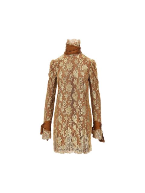 SAINT LAURENT Saint Laurent Metallized Lace Silk Mini Dress Gold