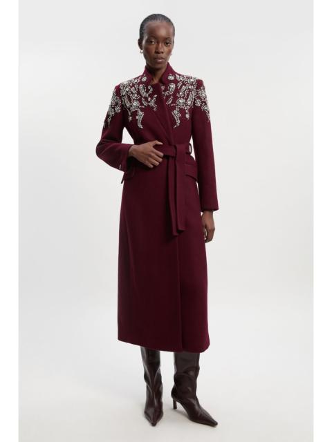 KAREN MILLEN Wool Crystal Embellished Notch Neck Belted Maxi Coat