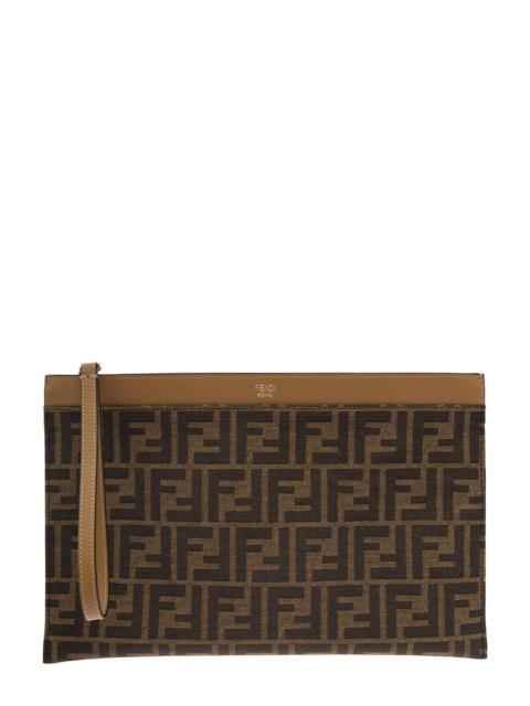FENDI Fendi Men Brown Clutch With All-Over Ff Motif In Fabric And Leather Man