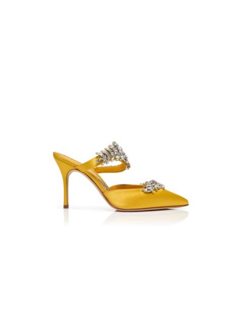 Manolo Blahnik Yellow Satin Crystal Embellished Mules
