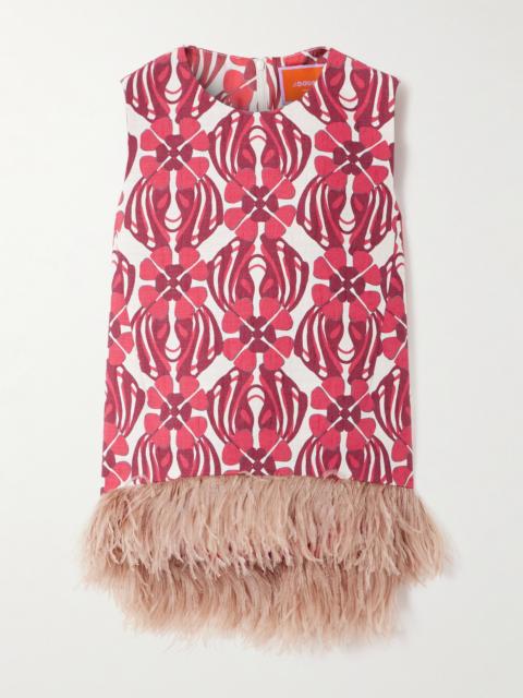 La DoubleJ Icon La Scala Feather-trimmed Printed Stretch-cotton Tweed Top