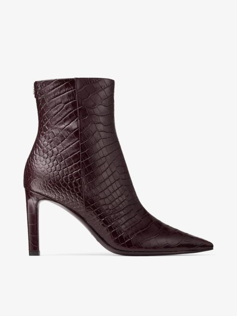 JIMMY CHOO Frankie Ankle Boot  85
Deep Merlot Croc Embossed Leather Ankle Boot