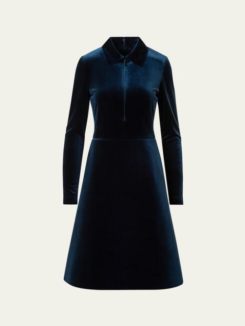 AKRIS Long-Sleeve Neoprene Velvet A-Line Shirtdress