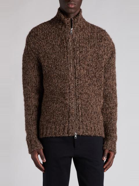 Moncler Moncler Wool & Alpaca Bouclé Full Zip Cardigan in Black Coffee at Nordstrom