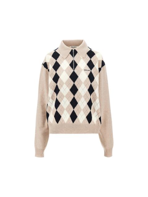 Miu Miu Miu Miu Argyle Cashmere Polo Sweater Beige
