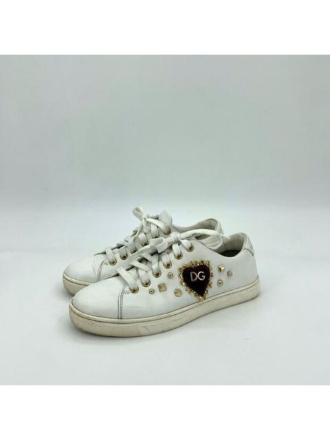 Dolce & Gabbana Womens White Leather Lace-Up Sneakers With Gold Stud Detailing &