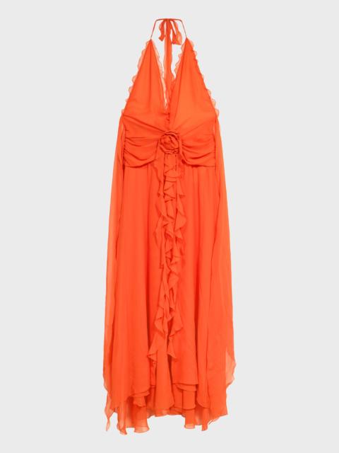 Blumarine LONG VISCOSE GEORGETTE DRESS WITH ROSE AND RUFFLES