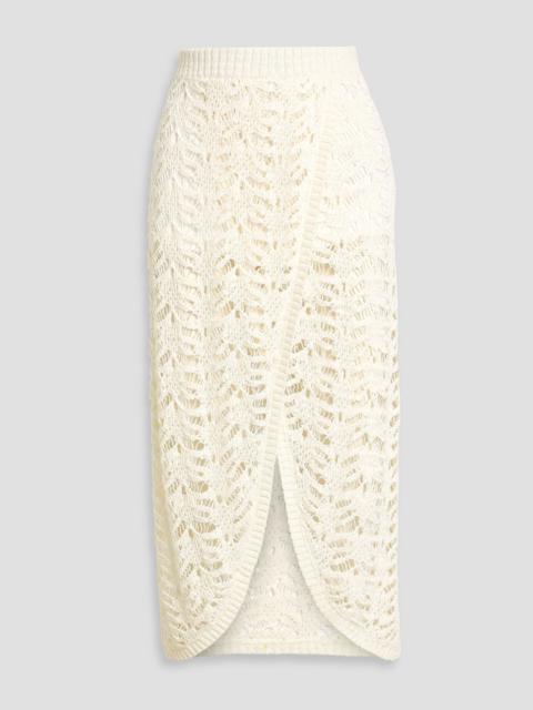 Brunello Cucinelli Wrap-effect embellished open-knit linen-blend midi skirt