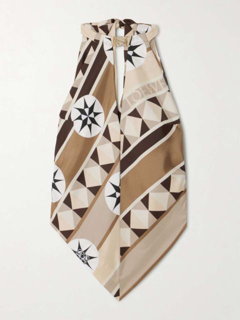 + Paula's Ibiza embellished cutout printed silk-twill halterneck top Beige