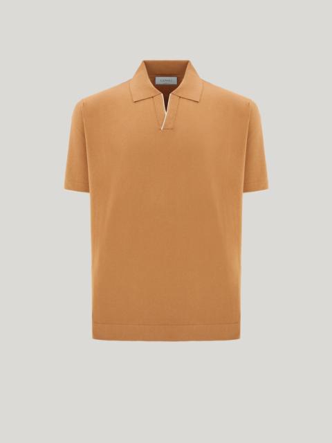 Canali CARAMEL COTTON AND SILK POLO SHIRT WITH CONTRASTING PIPING