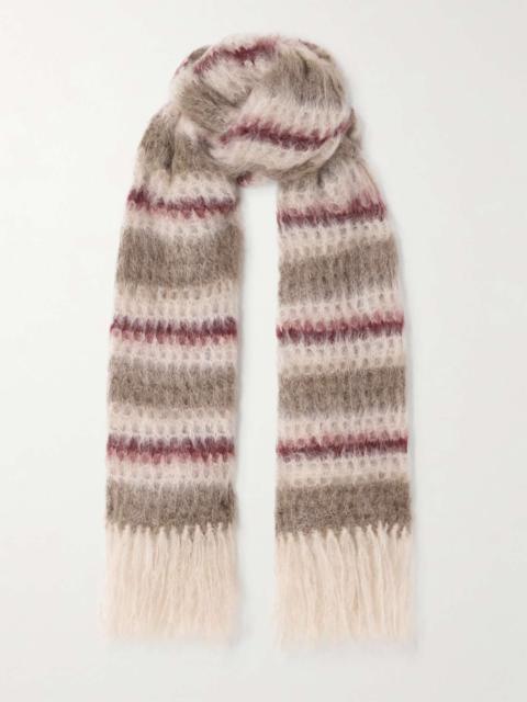 Fringed striped mohair-blend scarf Taupe