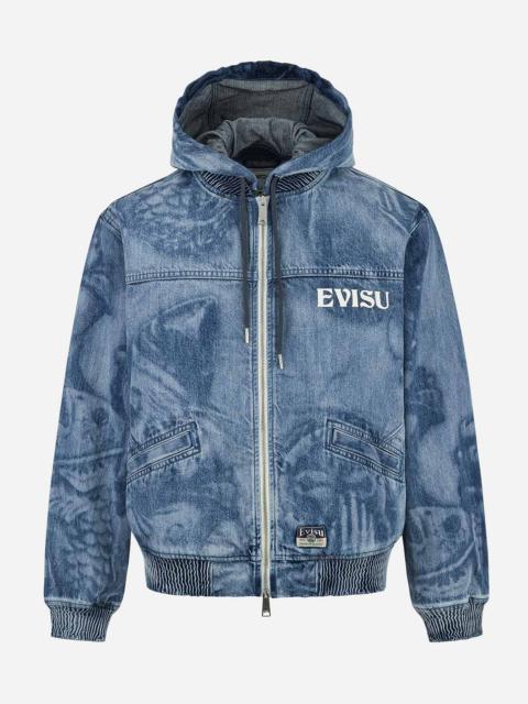 EVISU Fisherman Godhead Laser Print Loose Fit Hooded Denim Jacket
