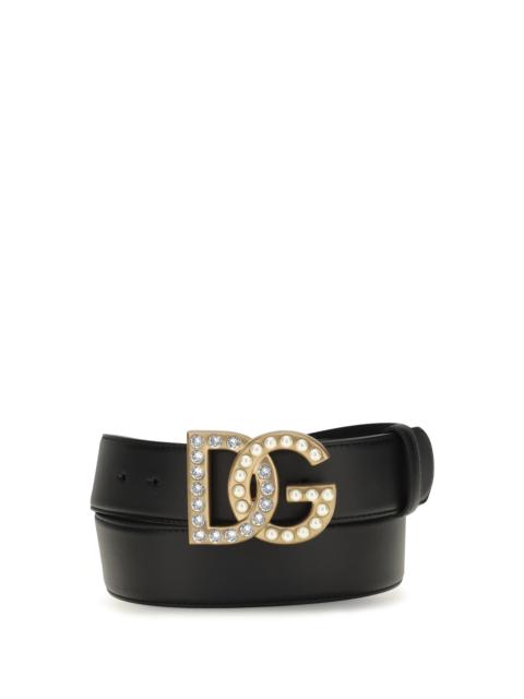 Dolce & Gabbana Dolce & Gabbana Leather Belt with Crystal DG Logo Nero