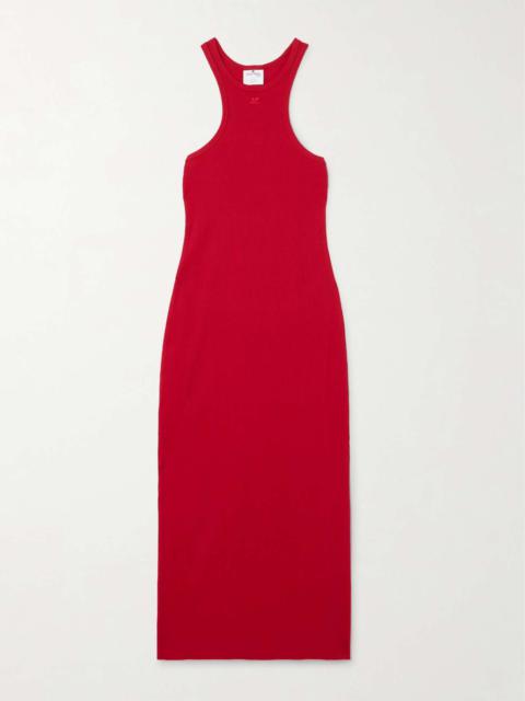 Embroidered ribbed cotton-jersey midi dress Red