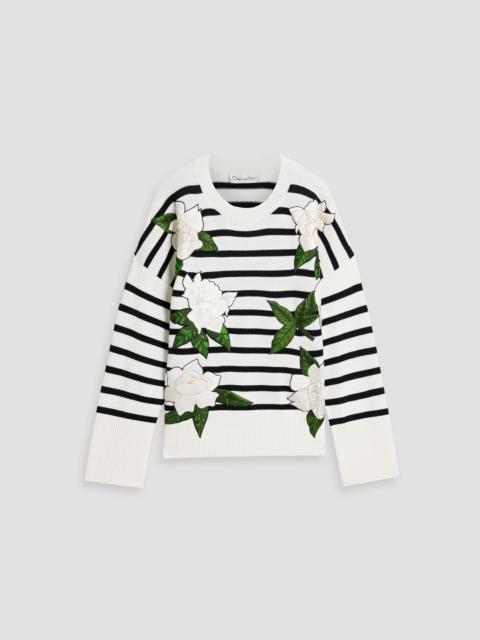 Oscar de la Renta Floral-appliquéd striped wool sweater
