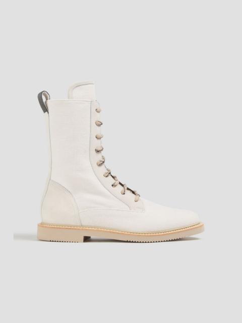 Brunello Cucinelli Bead-embellished canvas combat boots