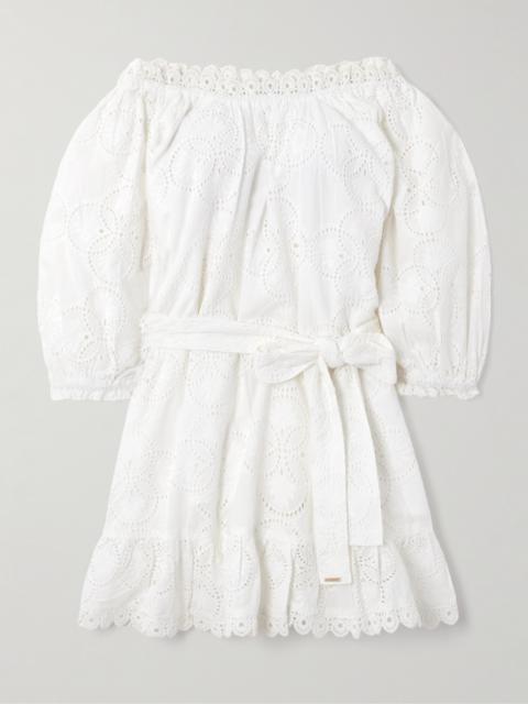 MELISSA ODABASH Avi Belted Off-the-shoulder Broderie Anglaise Cotton Mini Dress