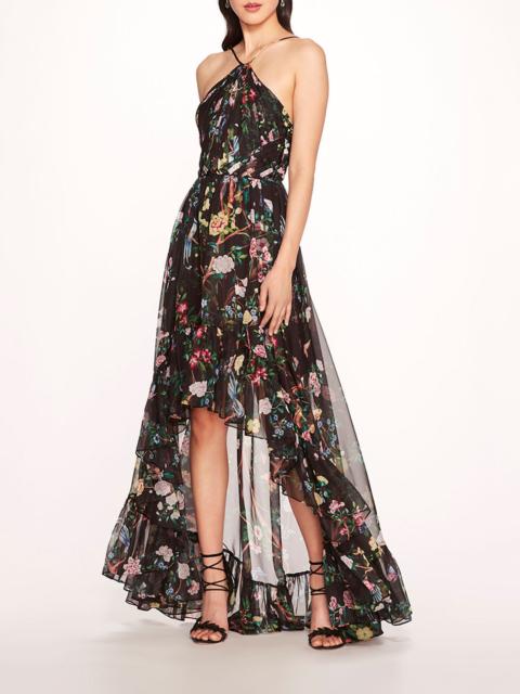 Marchesa FLOWERING HALTER HIGH-LOW GOWN