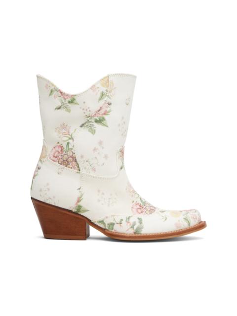 OPEN YY Off-White Floral Western Mid Calf Boots
