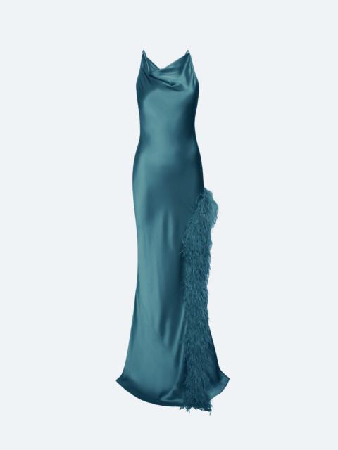 LAPOINTE Satin Halter Gown With Feathers